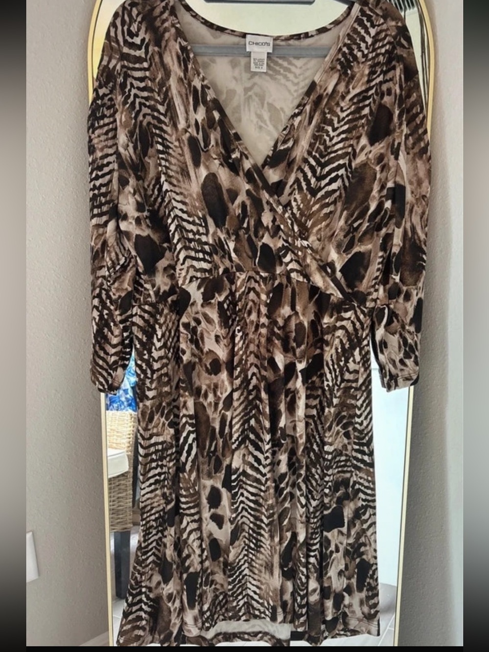 Chico's Brown and Cream Animal-Print Faux Wrap Midi Dress

Chicos size 3